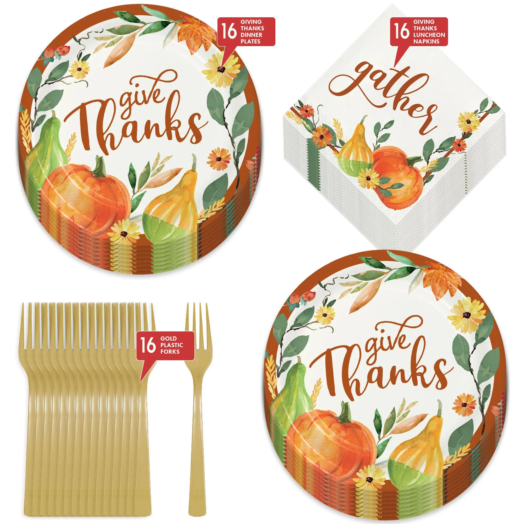 Giving Thanks Colorful Harvest Paper Dinner Plates, Napkins & Forks for Fall & Thanksgiving Parties