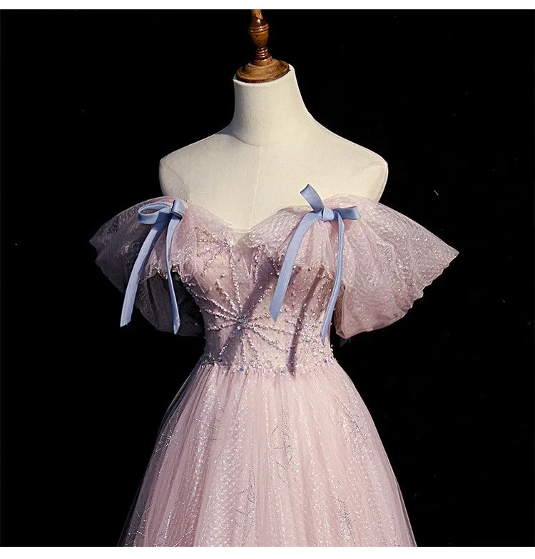 Handmade Retro Princess Tulle Off-Shoulder Pink Prom Evening Dress