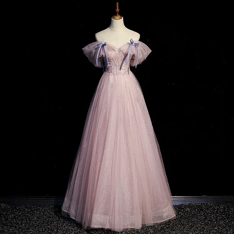 Handmade Retro Princess Tulle Off-Shoulder Pink Prom Evening Dress