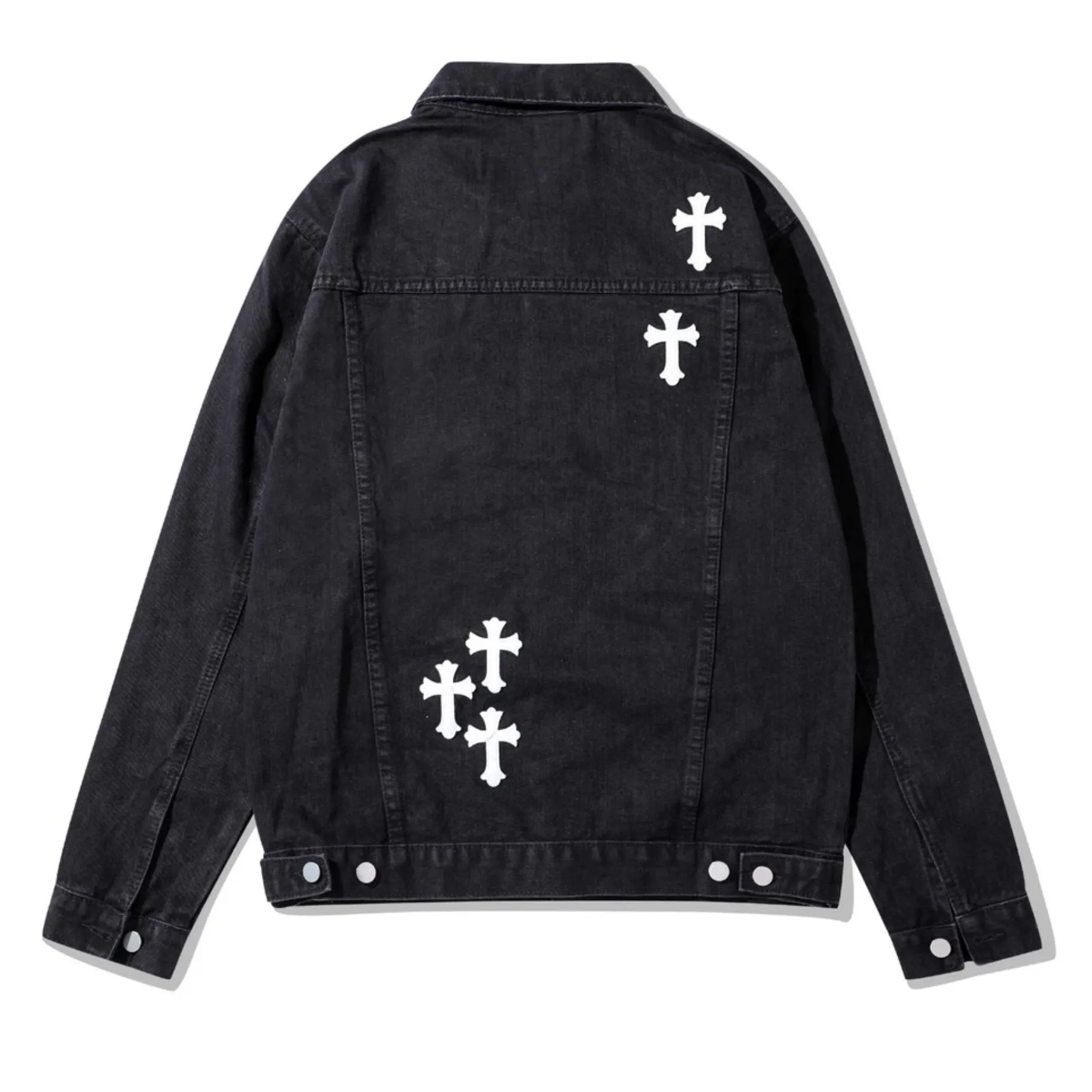 High Street Leather Embroidered Cross Vintage Black Denim Jacket