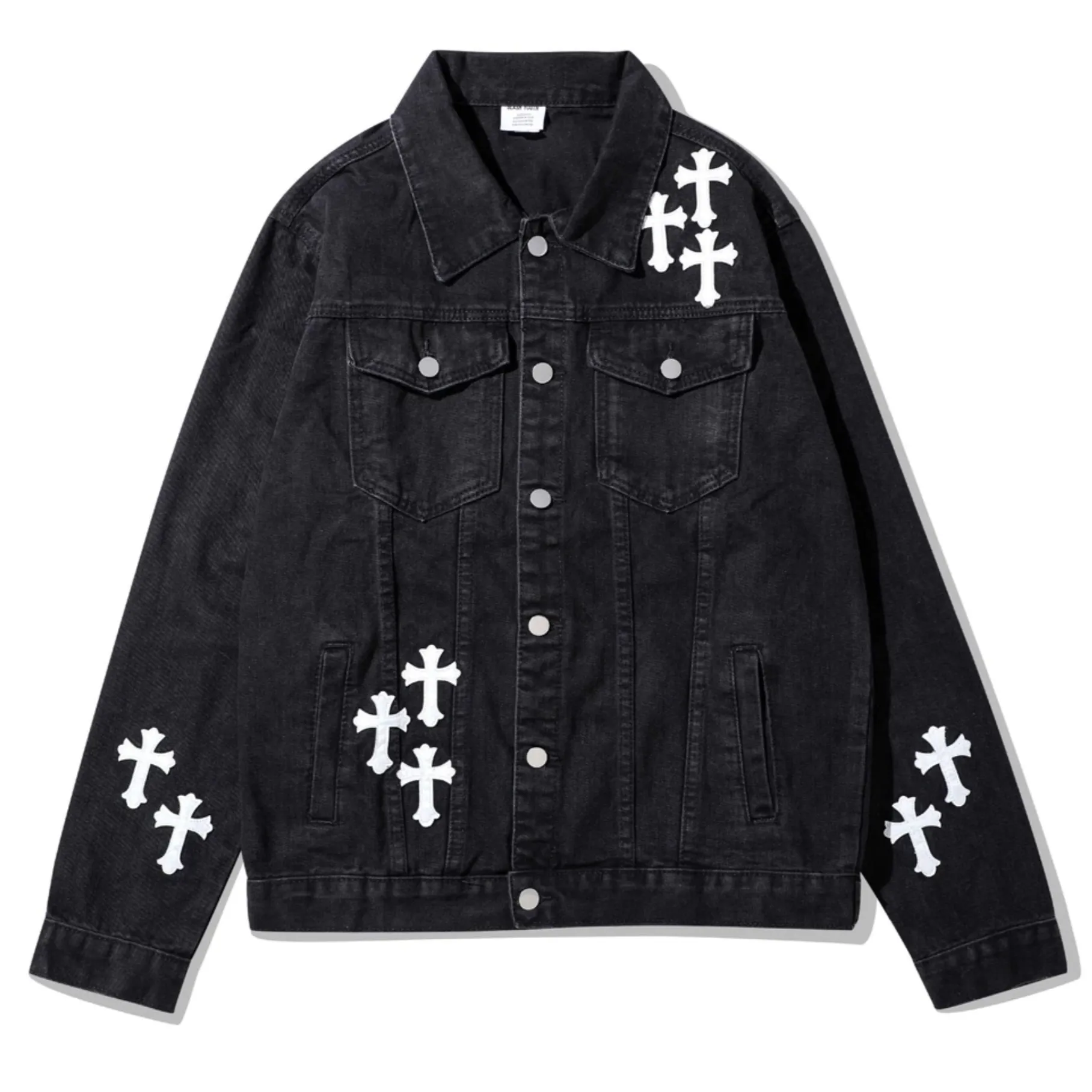 High Street Leather Embroidered Cross Vintage Black Denim Jacket