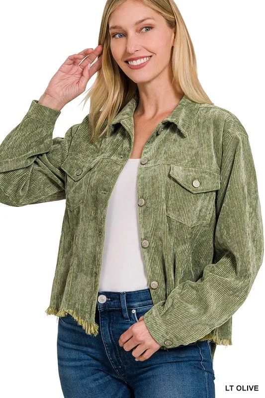 HOLLY DISTRESSED CORDUROY FRAYED HEM CROPPED JACKET S-XL