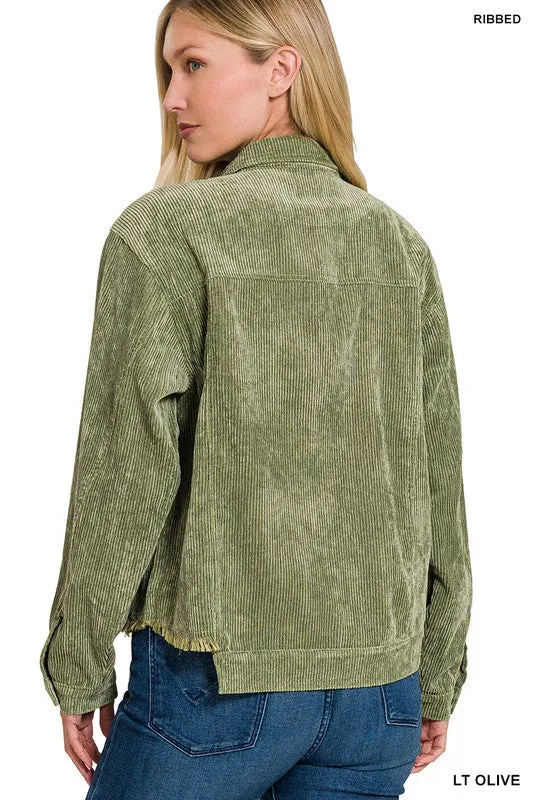 HOLLY DISTRESSED CORDUROY FRAYED HEM CROPPED JACKET S-XL