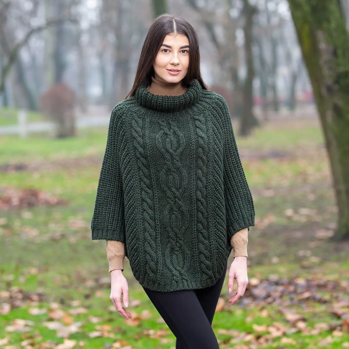 Ladies Rolled Collar Irish Poncho Sweater