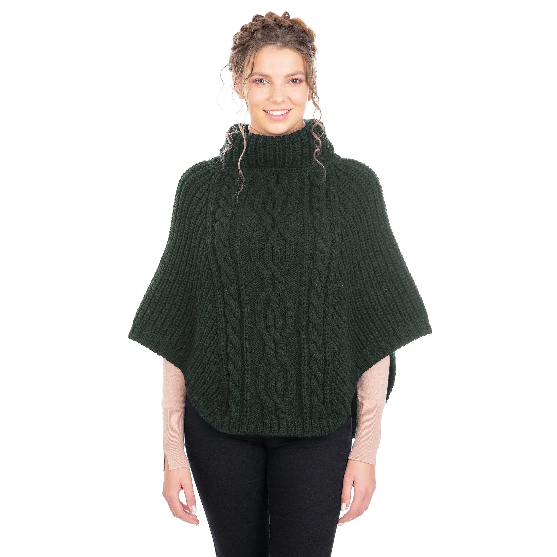 Ladies Rolled Collar Irish Poncho Sweater