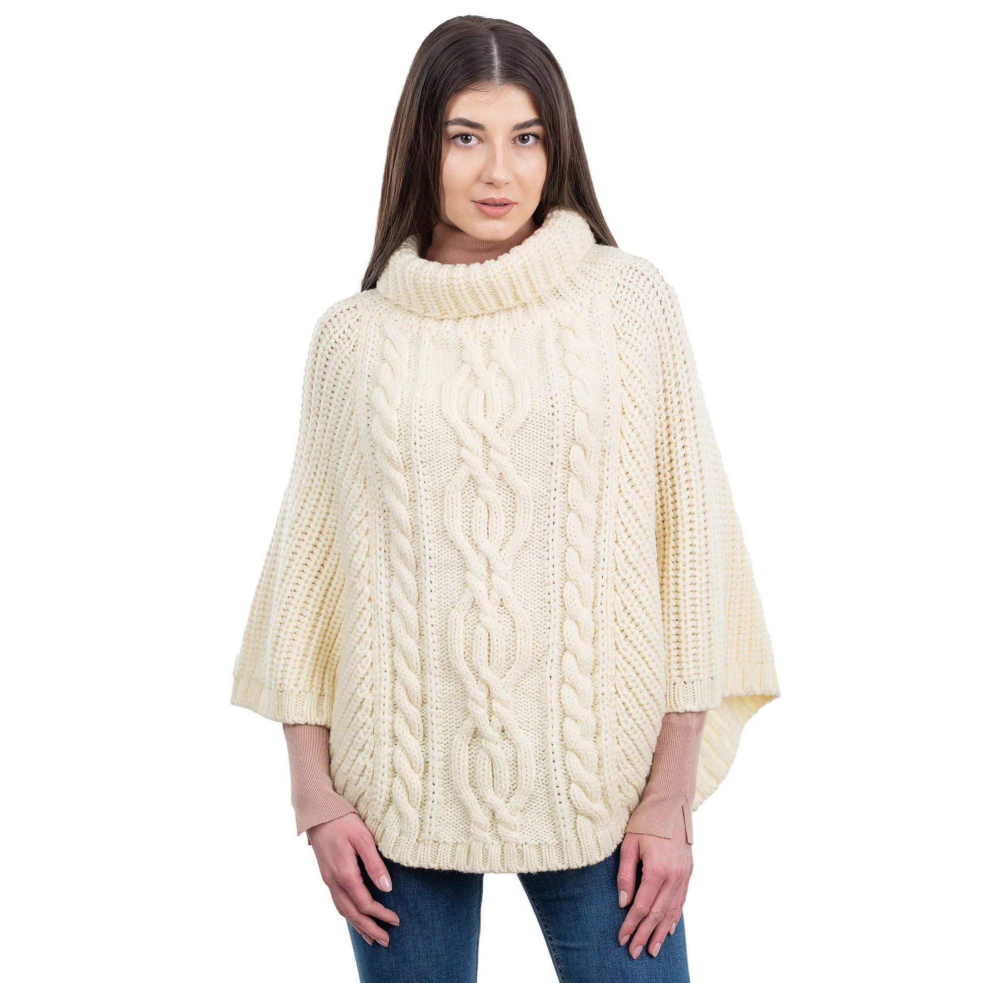 Ladies Rolled Collar Irish Poncho Sweater