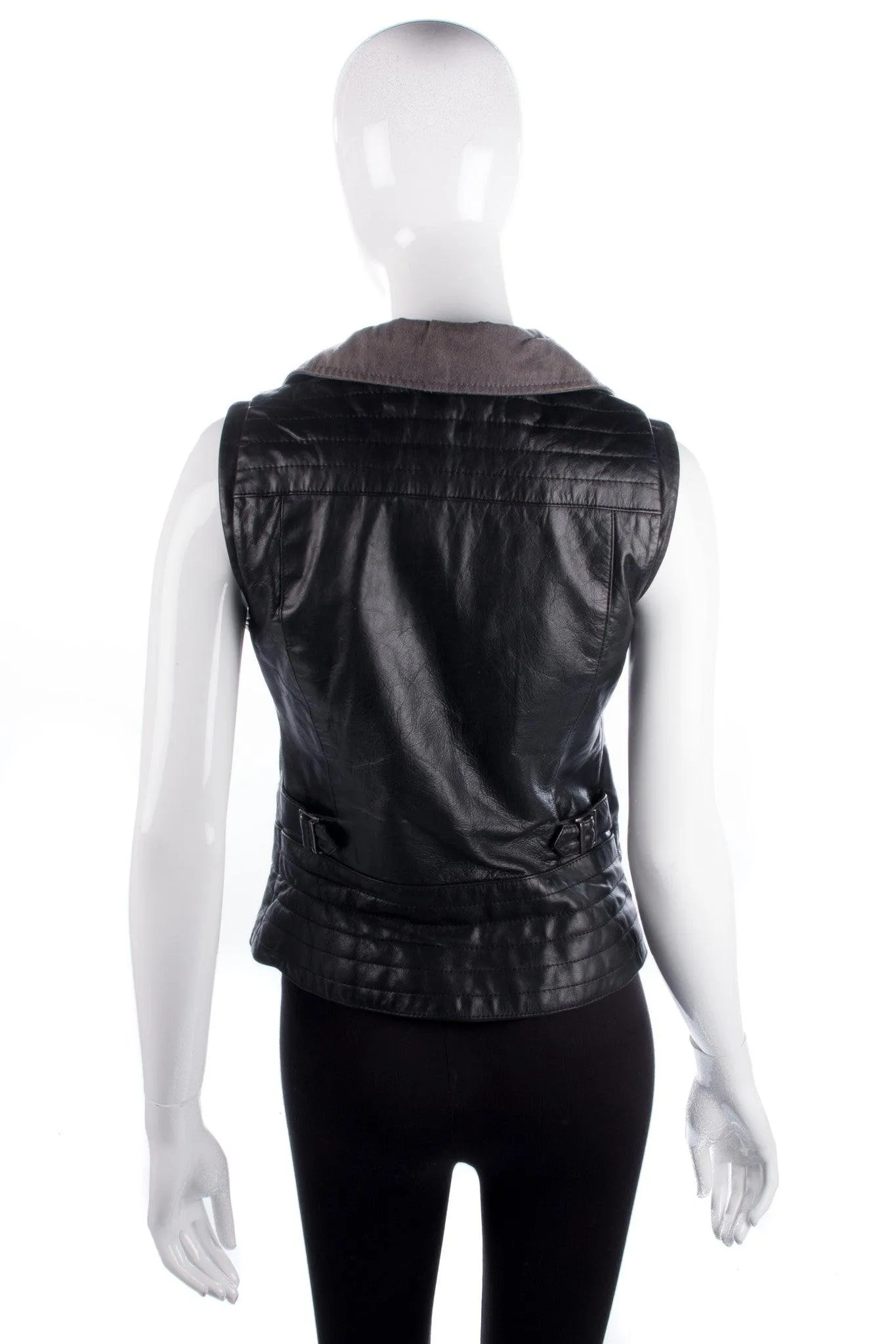 Leather Biker Style Waistcoat Lined Diagonal Zipper Black Size 8/10