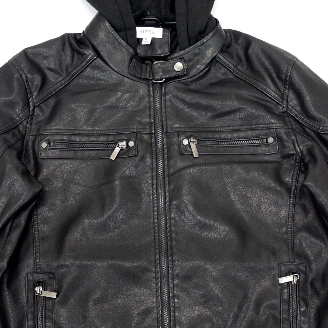 Leather PU Black Jacket with Hoody