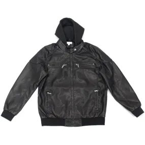 Leather PU Black Jacket with Hoody