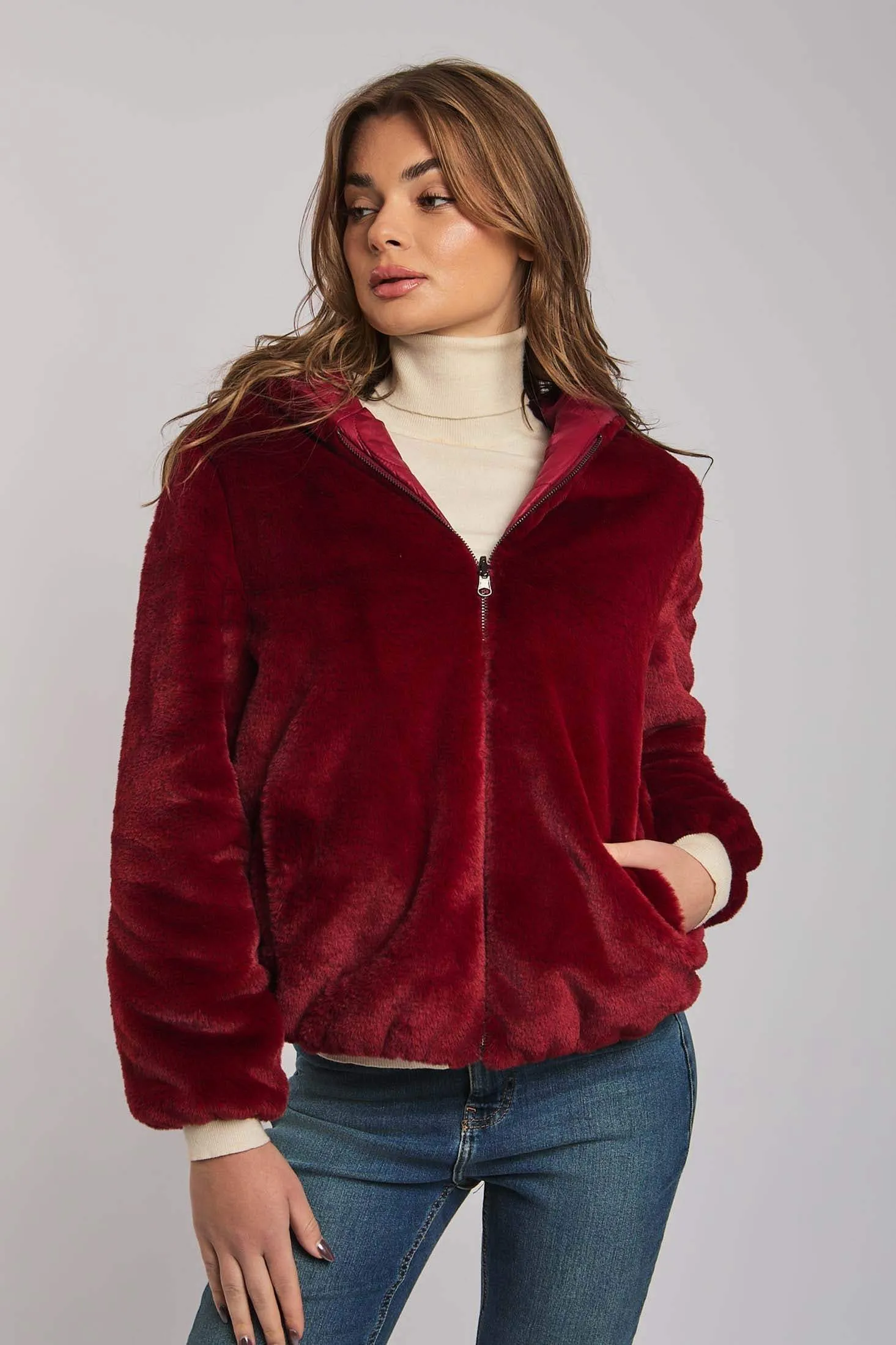 Luxurious Faux Fur Jacket Burgundy