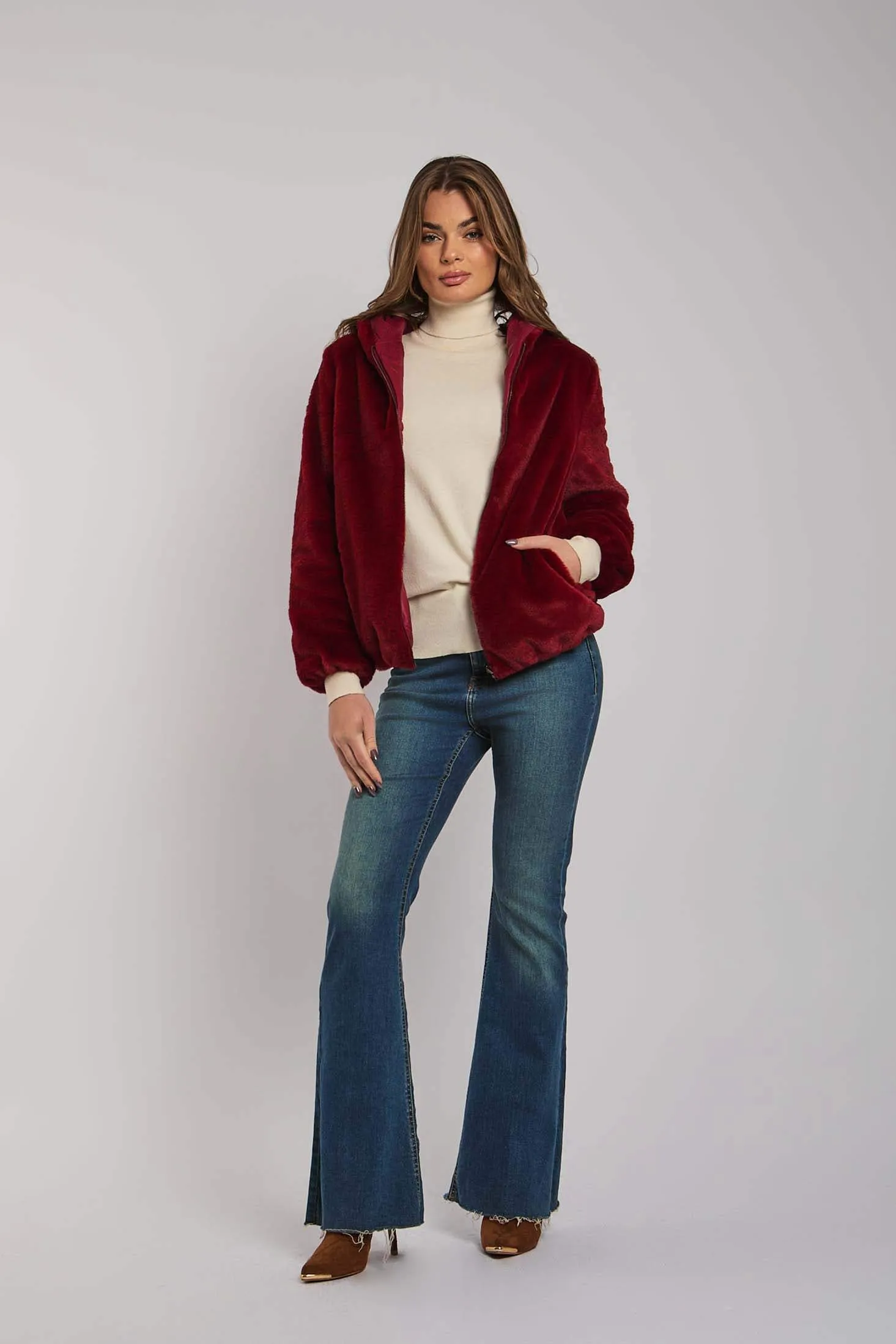 Luxurious Faux Fur Jacket Burgundy