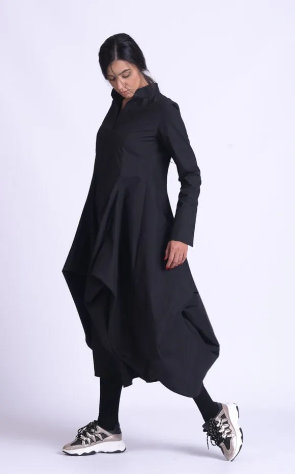 Maxi Asymmetric Collar Shirt  Dress In Black