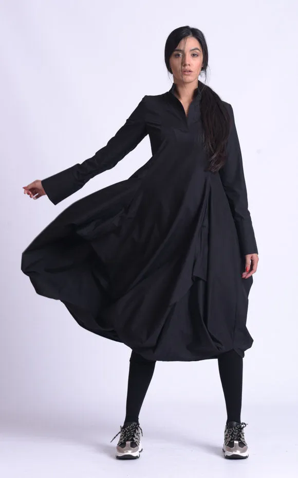 Maxi Asymmetric Collar Shirt  Dress In Black