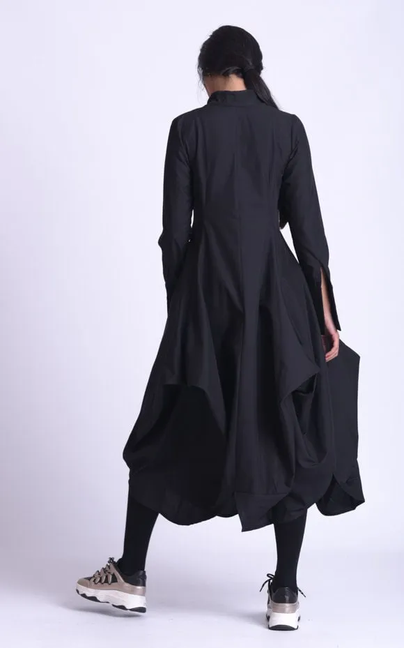 Maxi Asymmetric Collar Shirt  Dress In Black