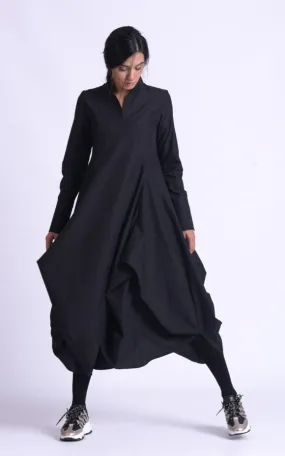 Maxi Asymmetric Collar Shirt  Dress In Black