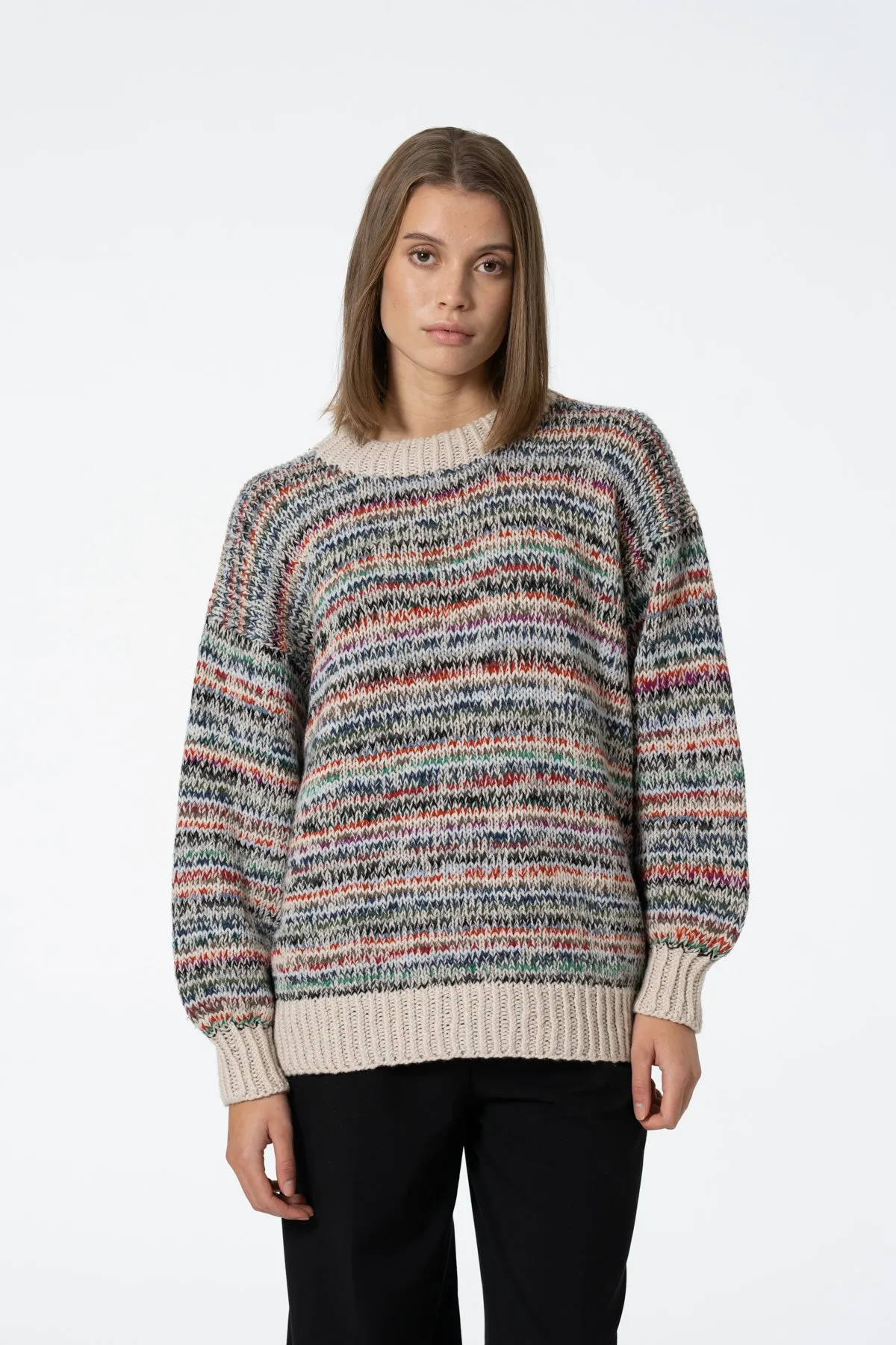 Merino Handknit Zero-Waste Sweater in Multi Almond