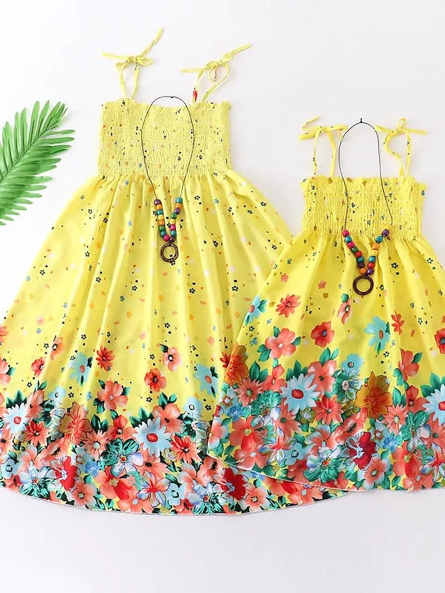 Mommy and Me Dresses Cotton Striped Casual Light Blue Lemon Butterfly Sleeveless Knee-length Strap Dress Adorable Matching Outfits