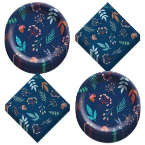 Navy Blue & Autumn Leaves Paper Dessert Plates and Beverage Napkins (Serves 20)