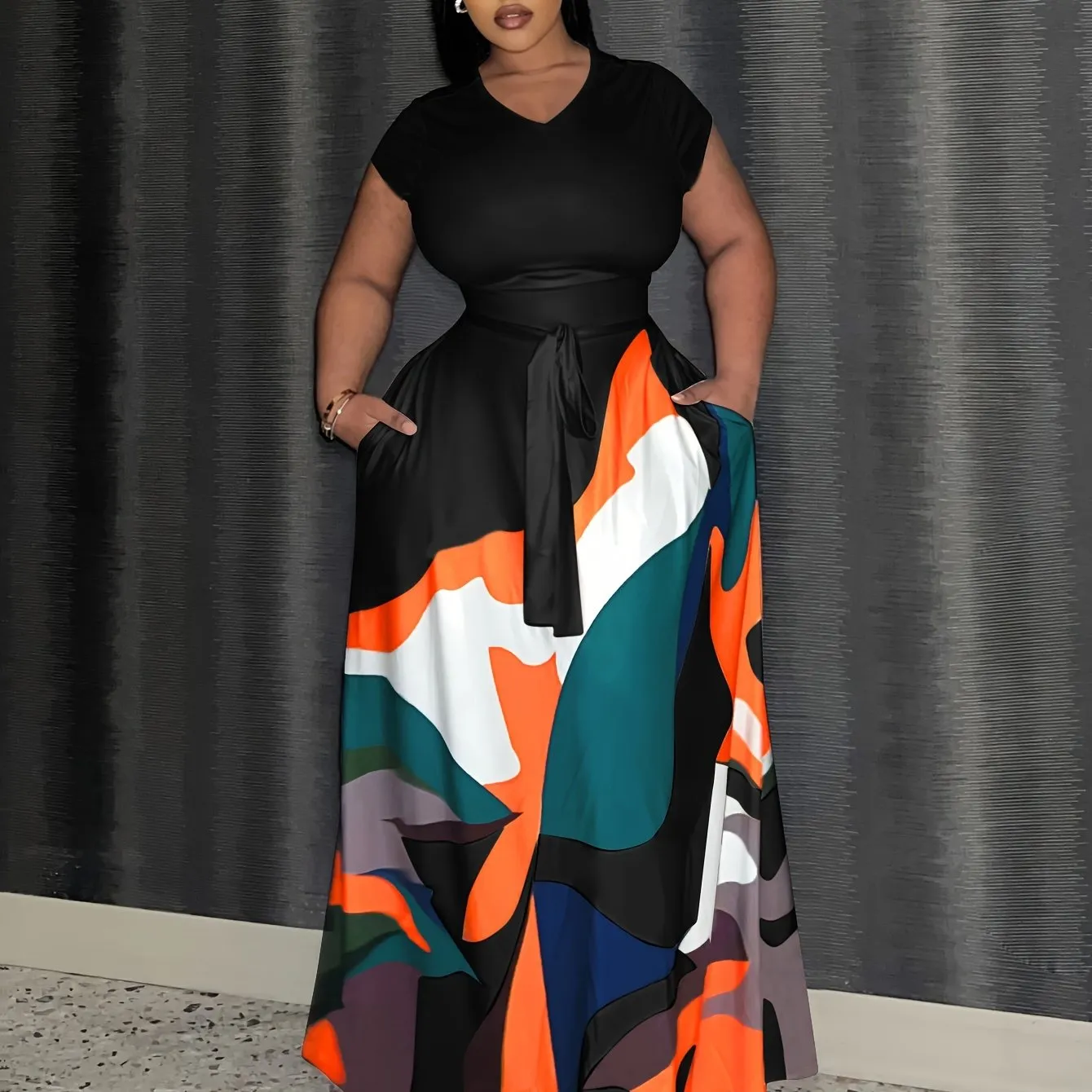 Plus Size Geometric Color Block Print Dress