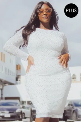 Plus Size Long Sleeve Silver Rhinestone Midi Dress