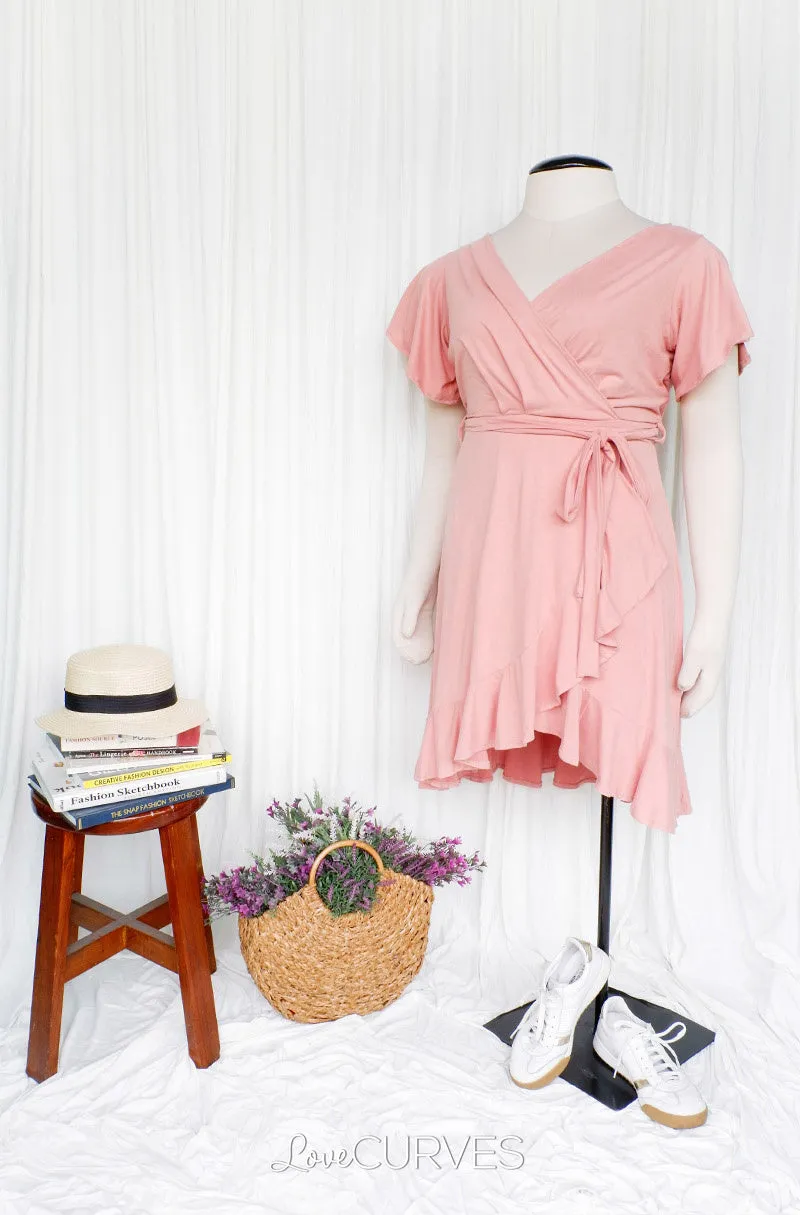 Ruffle Wrap Dress with Sash Belt - Blush