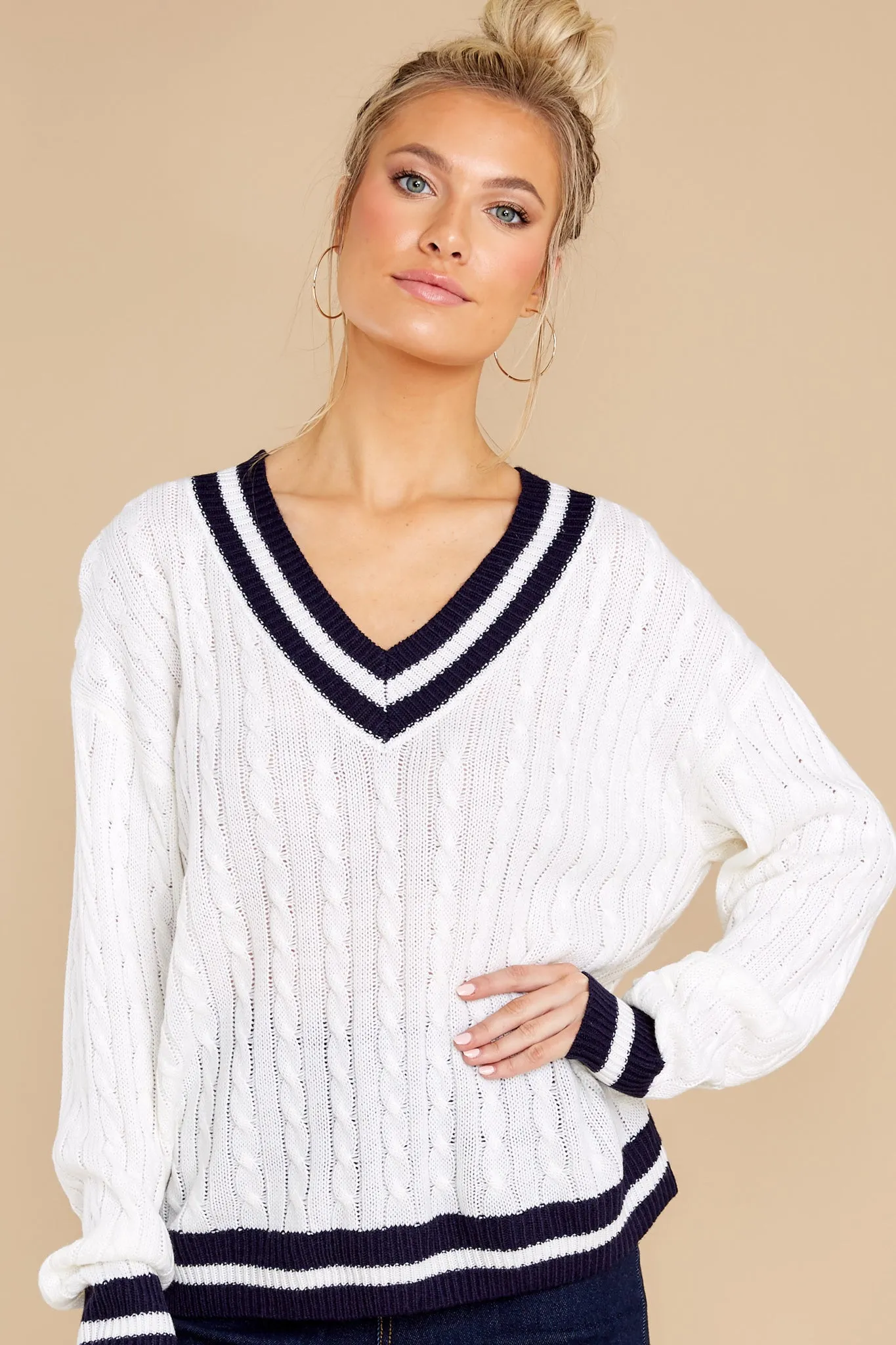 Simply Obsessed White And Navy Sweater