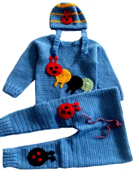 Unique and Beautiful Woollen Teddy Applique Design Handmade Sweater Set - Sky Blue