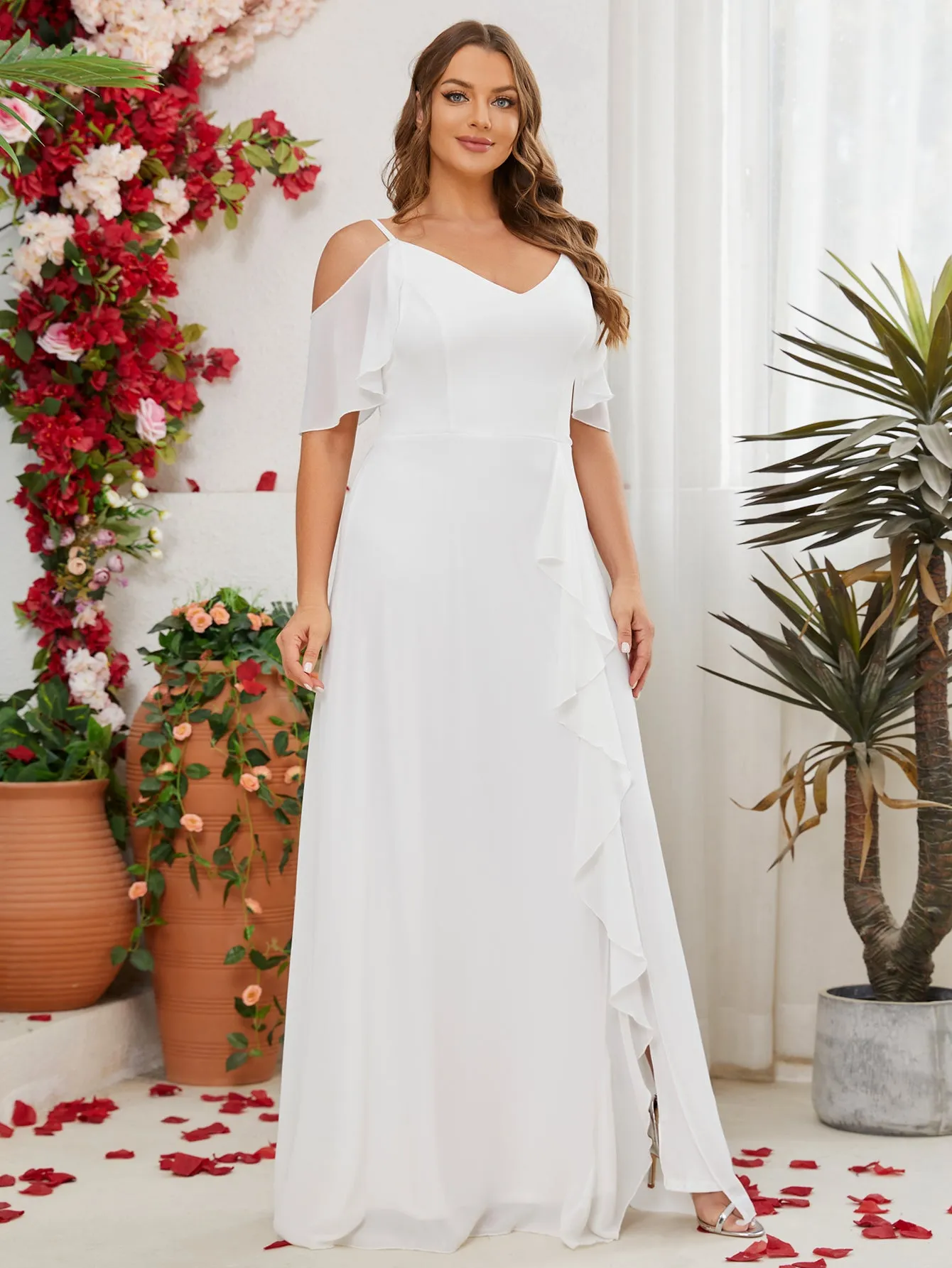 Women Plus Size Cold Shlouder Chiffon Bridesmaid Dresses