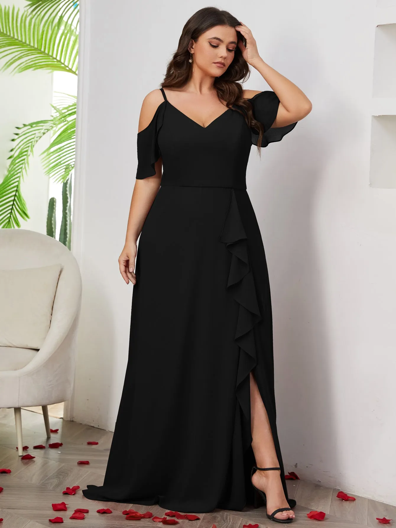 Women Plus Size Cold Shlouder Chiffon Bridesmaid Dresses