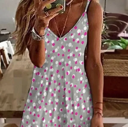 Women's Polka Dot Spotty All Over Print Ankle Long Length Spaghetti Strap Stretchy Sundress Casual Fashion Dress All Sizes Plus Size