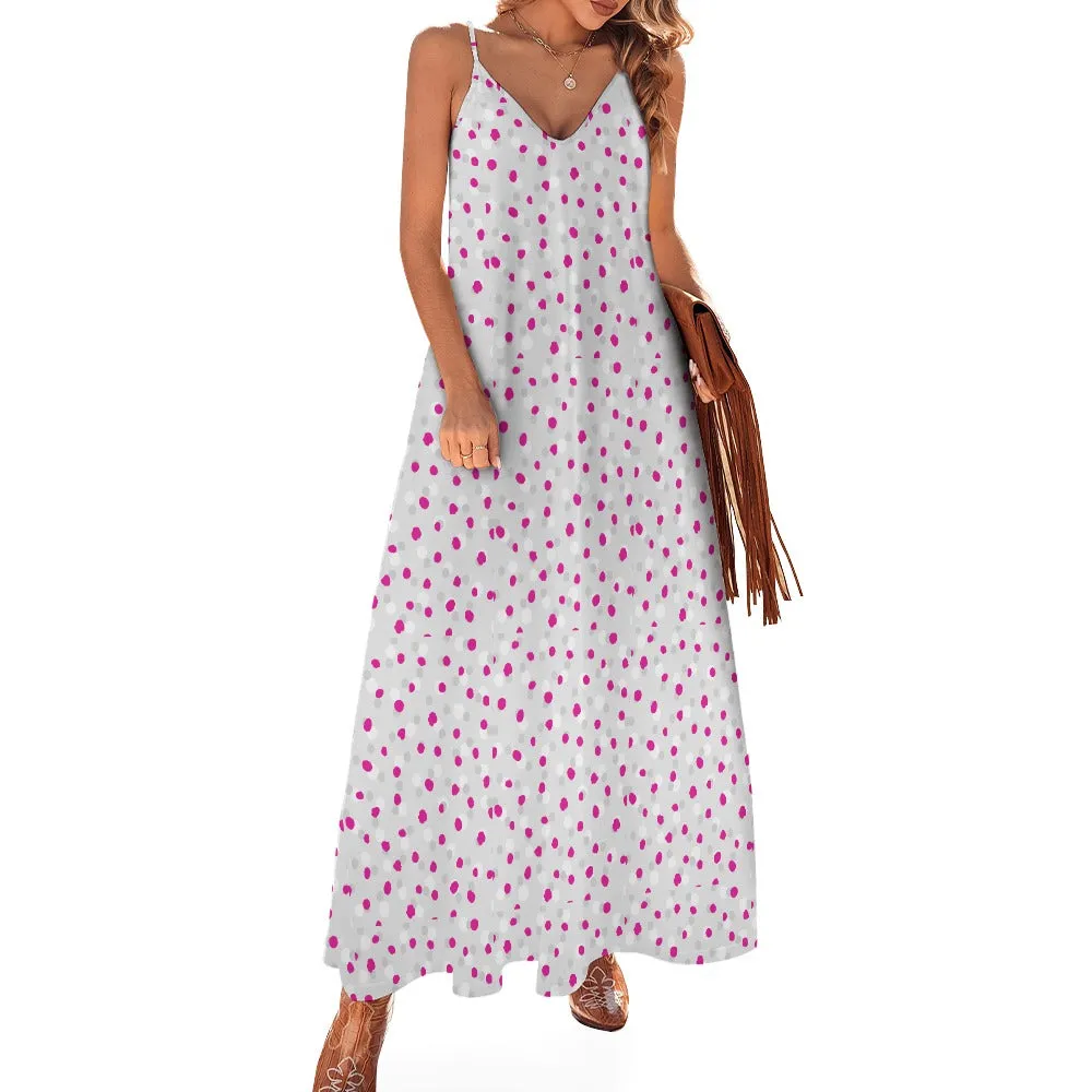 Women's Polka Dot Spotty All Over Print Ankle Long Length Spaghetti Strap Stretchy Sundress Casual Fashion Dress All Sizes Plus Size