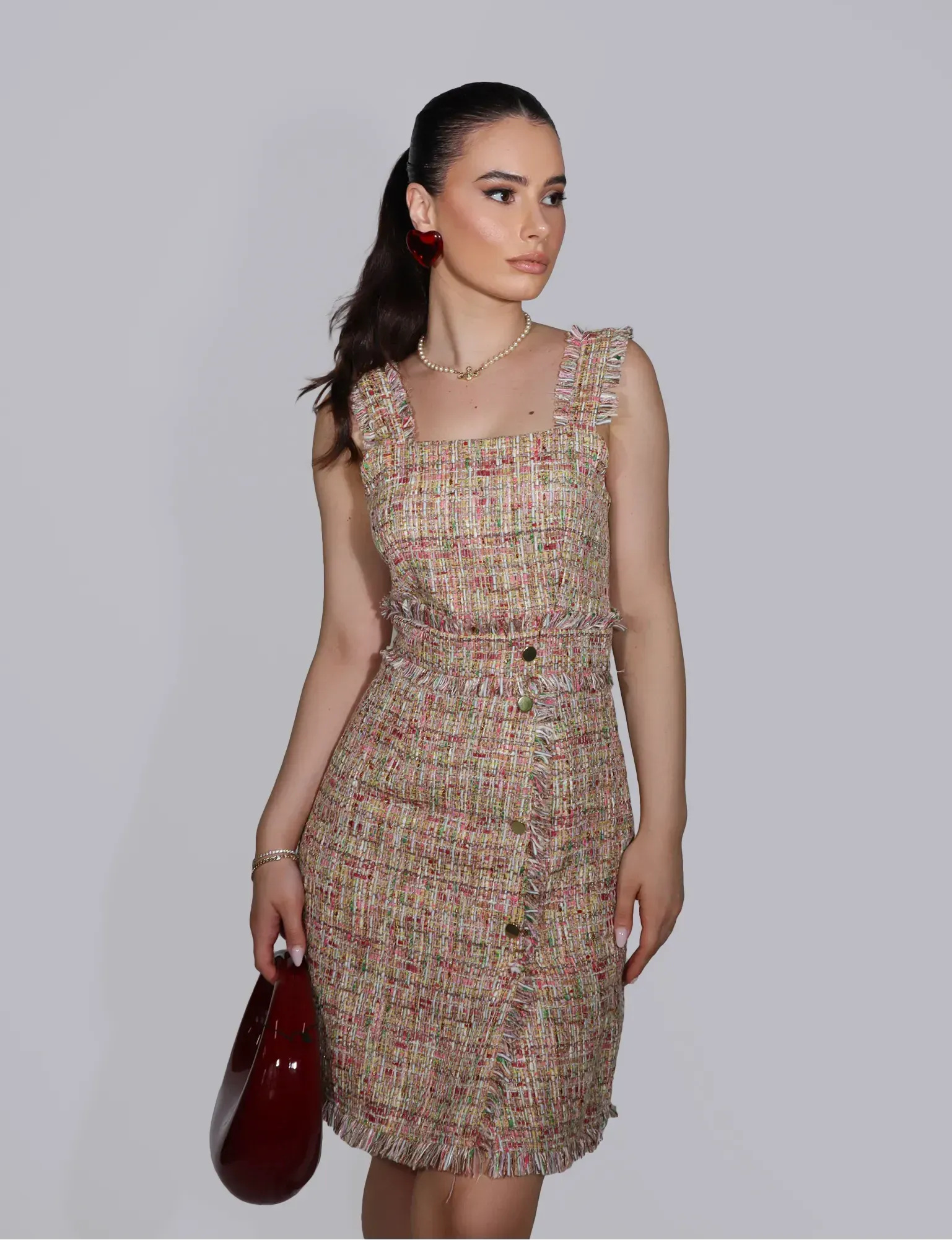 Women's Sleeveless Tweed Dress with Button Detail