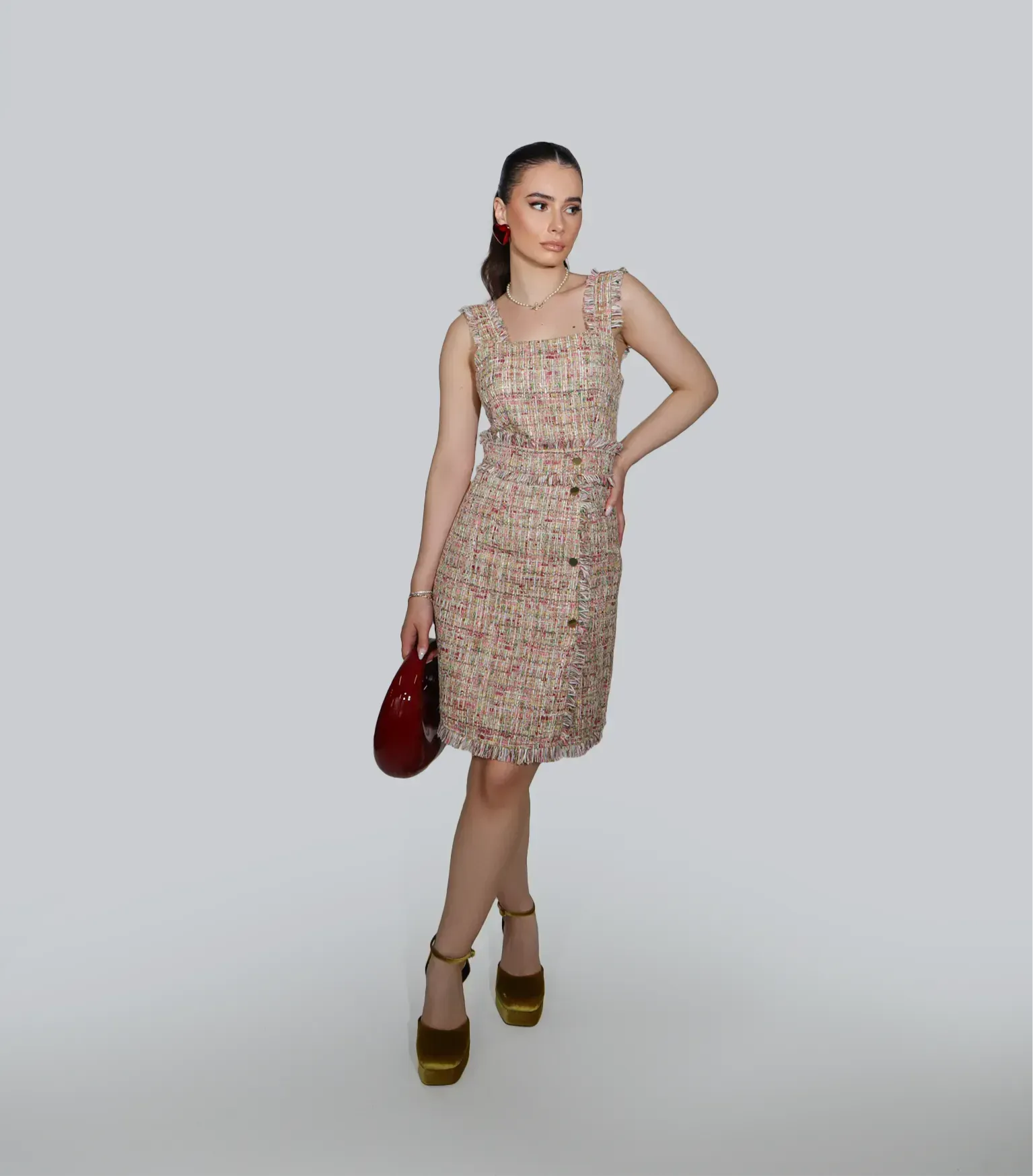 Women's Sleeveless Tweed Dress with Button Detail