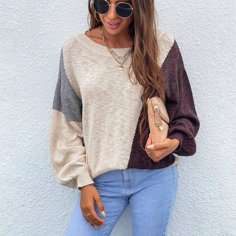 Women's sweater irregular color matching off-shoulder sweater