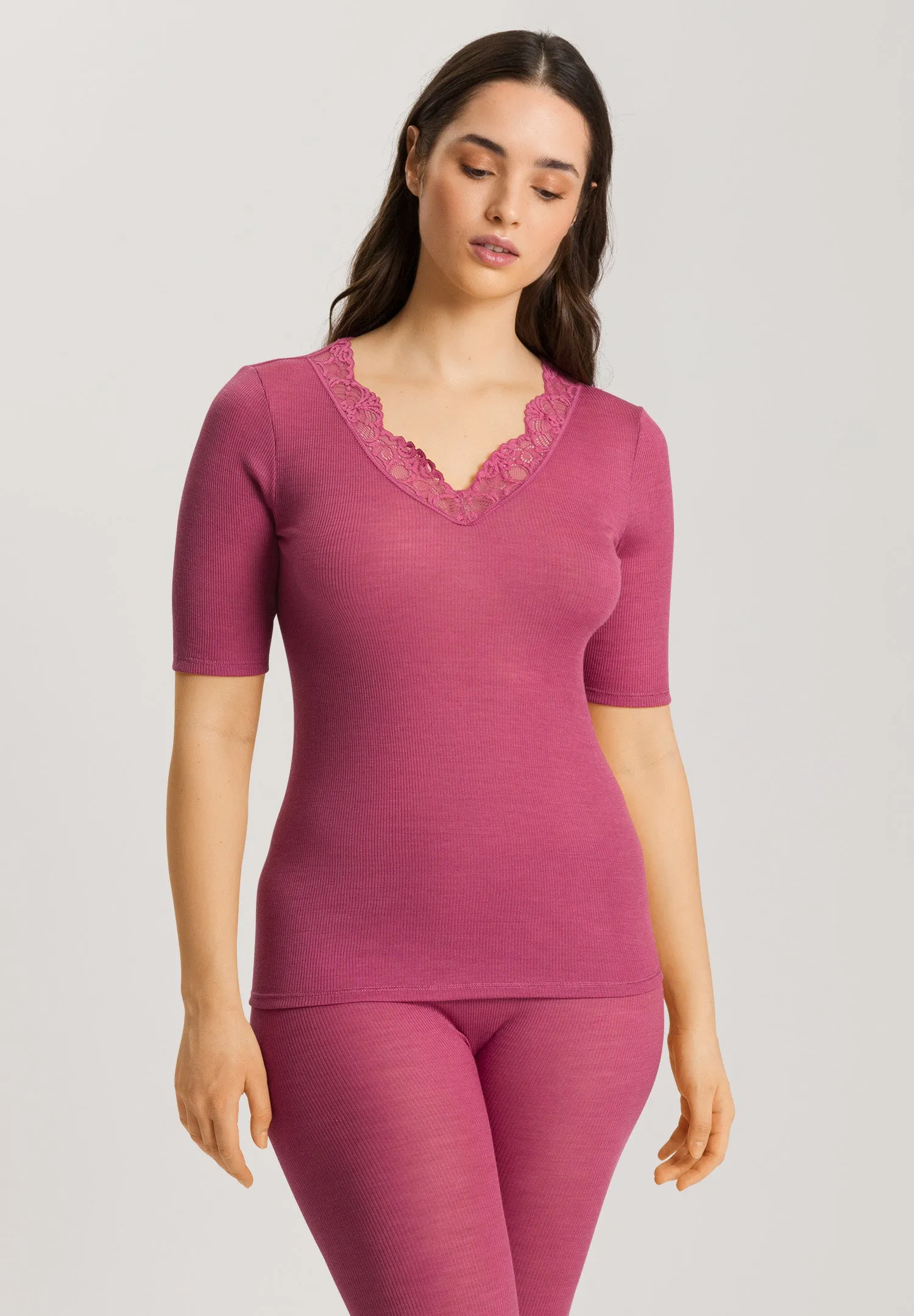 Woolen Lace Fine Ribbed Wool And Silk Fitted Top | Rose Wine 70913-2414