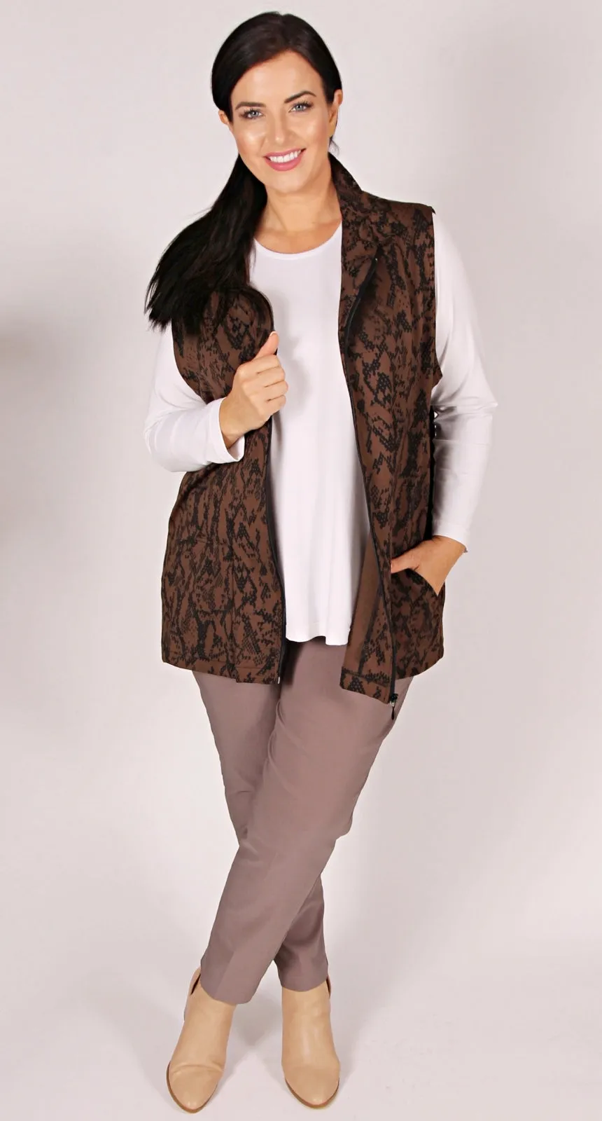 Zip Front Ponti Vest Black on Chocolate